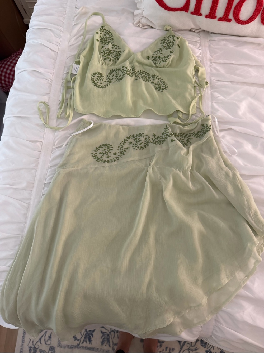 NWOT Princess Polly Light Sage Two-Piece Embroidered Crop Top & Skirt Set
